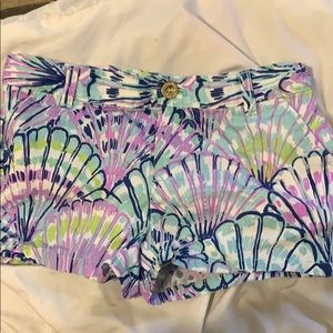 blue, green, purple shorts